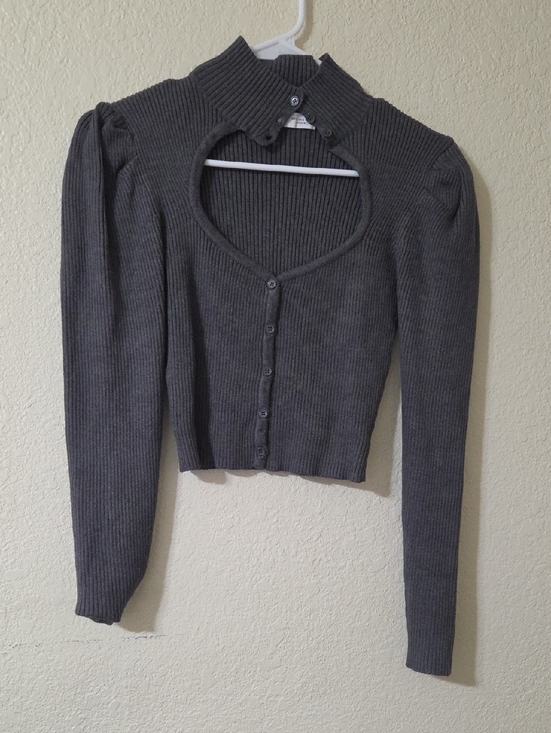 Zara Tops - Zara Charcoal Gray Ribbed Heart Cutout Cardigan